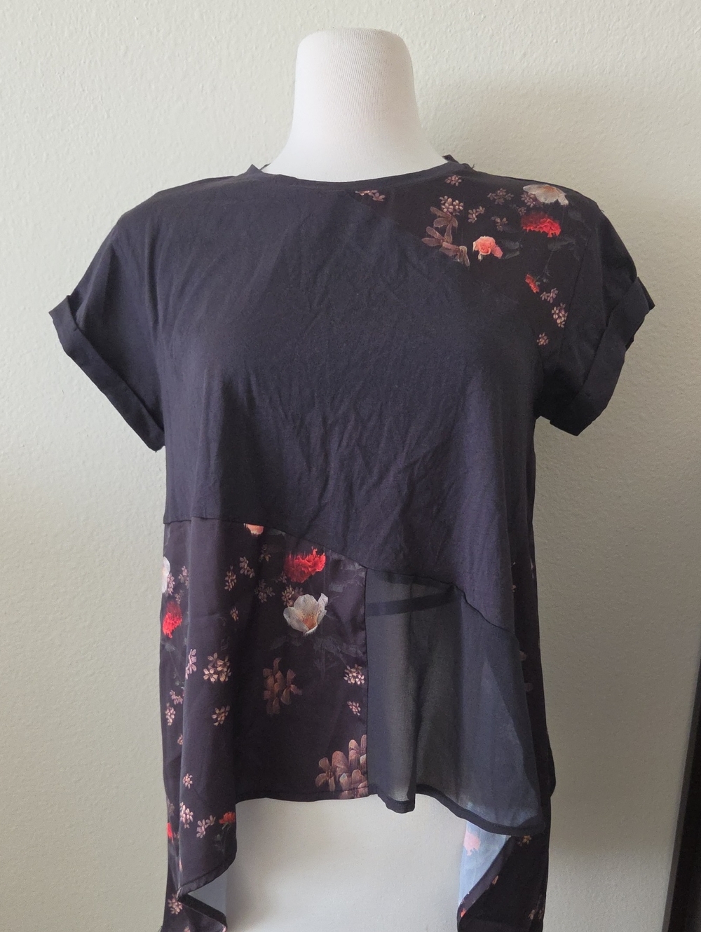 All Saints Black Floral Asymmetrical Short Sleeve Top with Sheer Panel